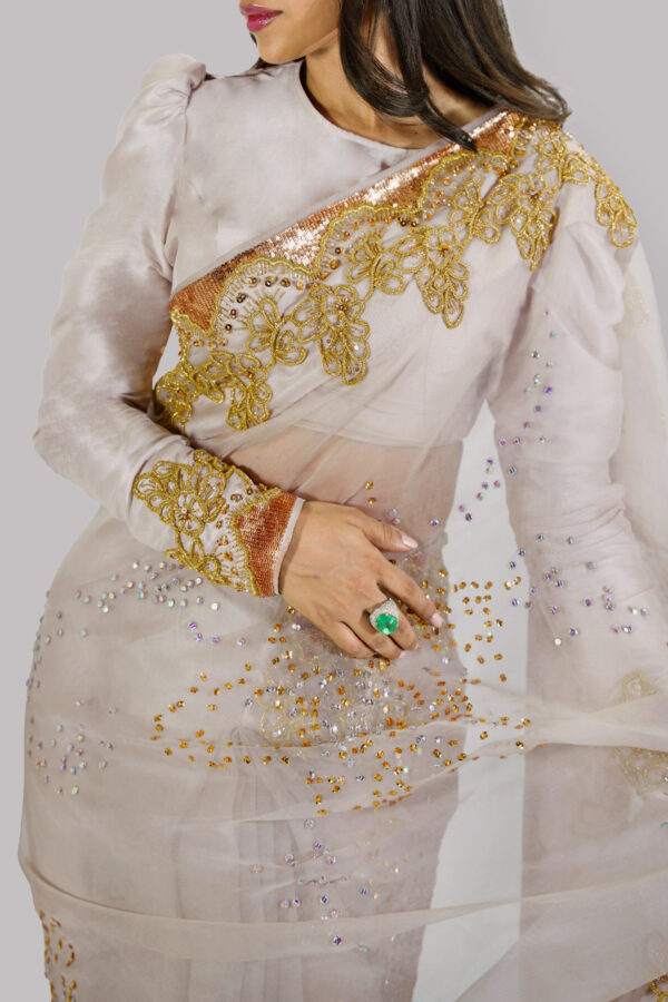 Silver Gray Embellished Organza Sari - Image 4