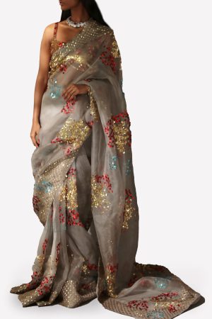Taupe Grey Embellished Organza Sari