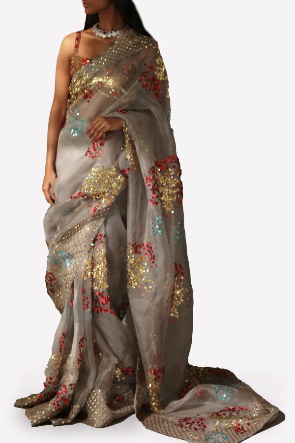 Taupe Grey Embellished Organza Sari