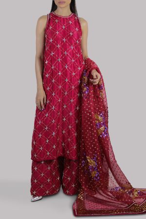 Tango Red Embellished Raw Silk Set
