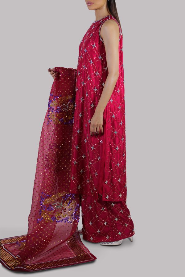 Tango Red Embellished Raw Silk Set - Image 2