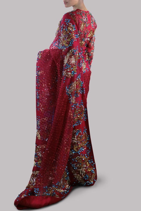 Tango Red Embellished Organza Sari - Image 2