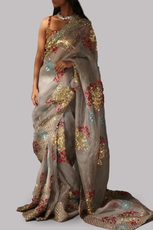 Taupe Grey Embellished Organza Sari