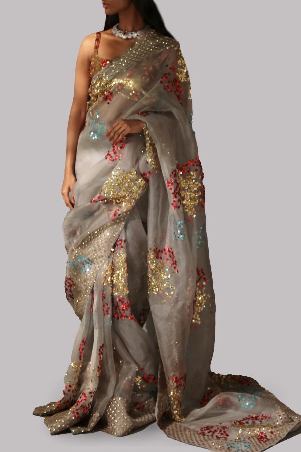 Taupe Grey Embellished Organza Sari