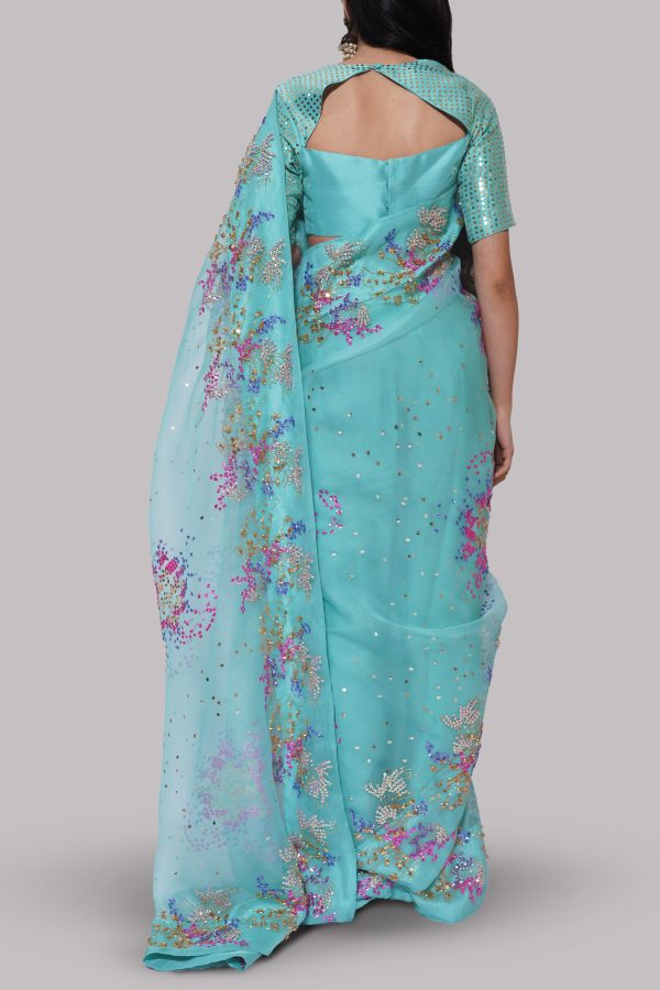 Leisure Time Cyan Embellished Organza Sari - Image 3