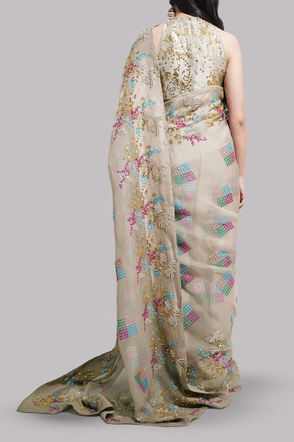 Simply Taupe Embellished Organza Sari - Image 2