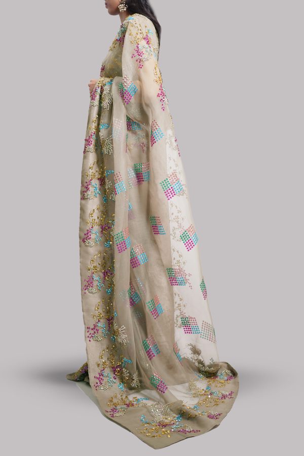 Simply Taupe Embellished Organza Sari - Image 3