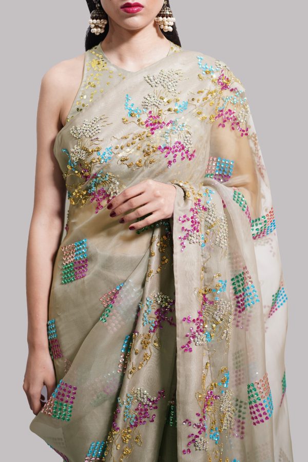 Simply Taupe Embellished Organza Sari - Image 4
