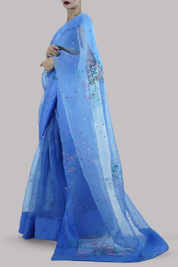 Cornflower Blue Embellished Organza Sari - Image 2