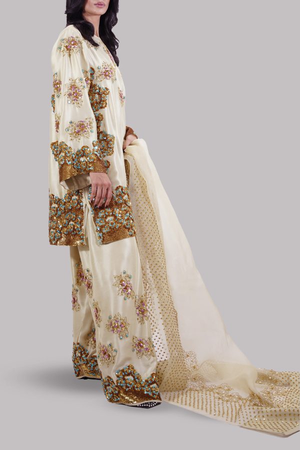 Lambs Wool Crème Embellished Raw Silk Set - Image 2