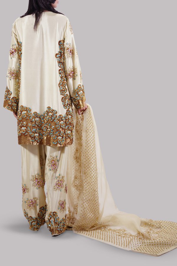 Lambs Wool Crème Embellished Raw Silk Set - Image 3