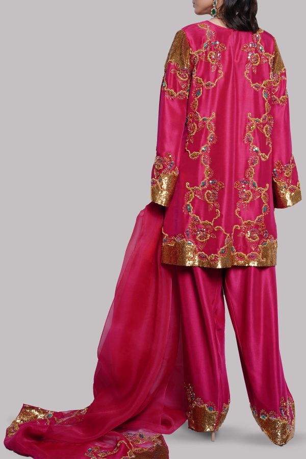 Tango Red Embellished Raw Silk Set - Image 3