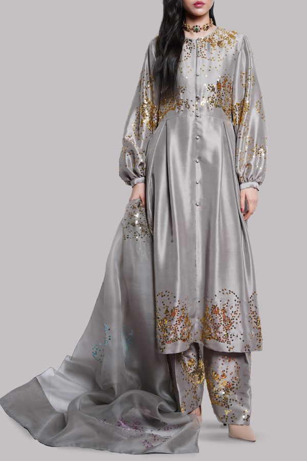 Steeple Grey Embellished Raw Silk Set