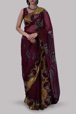 Tawny Port Embellished Organza Sari