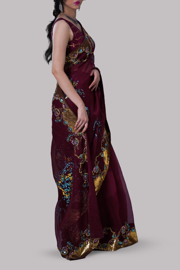 Tawny Port Embellished Organza Sari - Image 2