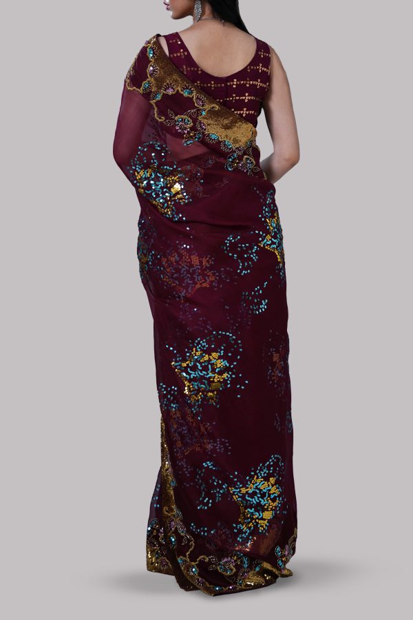 Tawny Port Embellished Organza Sari - Image 3
