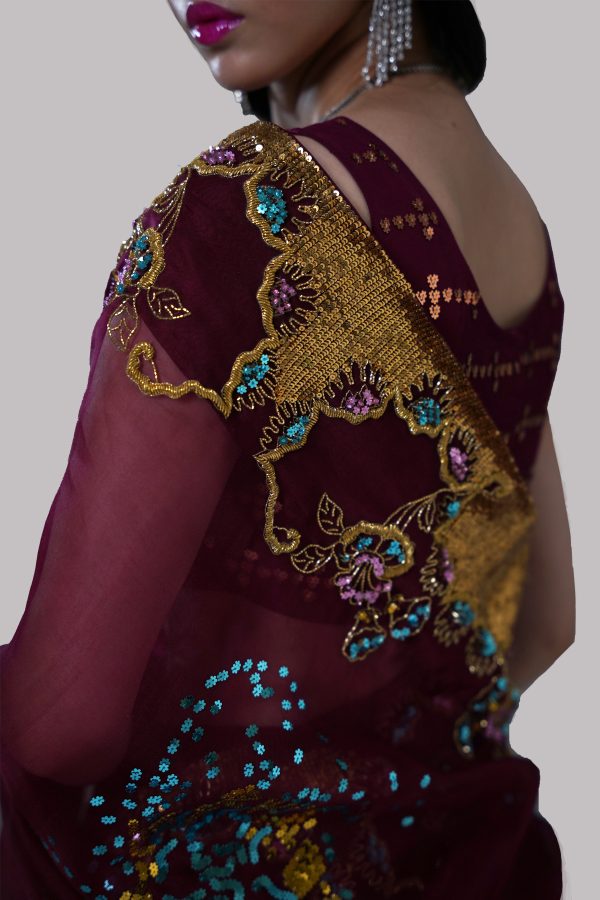 Tawny Port Embellished Organza Sari - Image 4