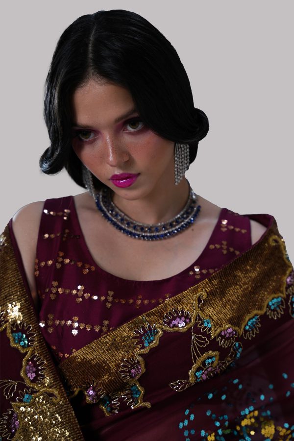 Tawny Port Embellished Organza Sari - Image 5