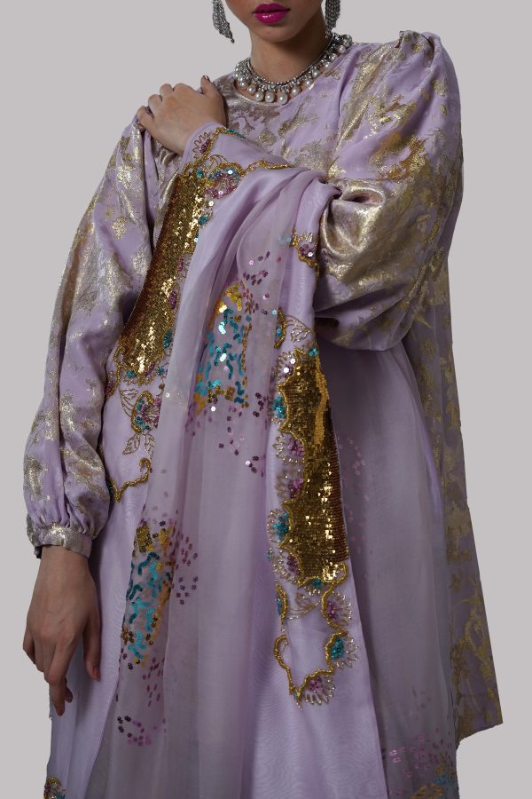 Lilac Embellished Italian Silk Cloqué Set - Image 4