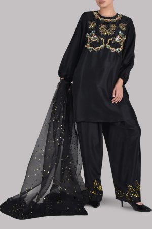 Black Embellished Raw Silk Set