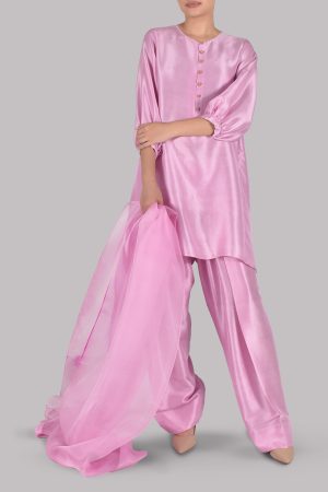 Lilac Chiffon Pink Raw Silk Set