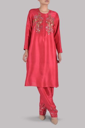 Bittersweet Red Embellished Raw Silk Set