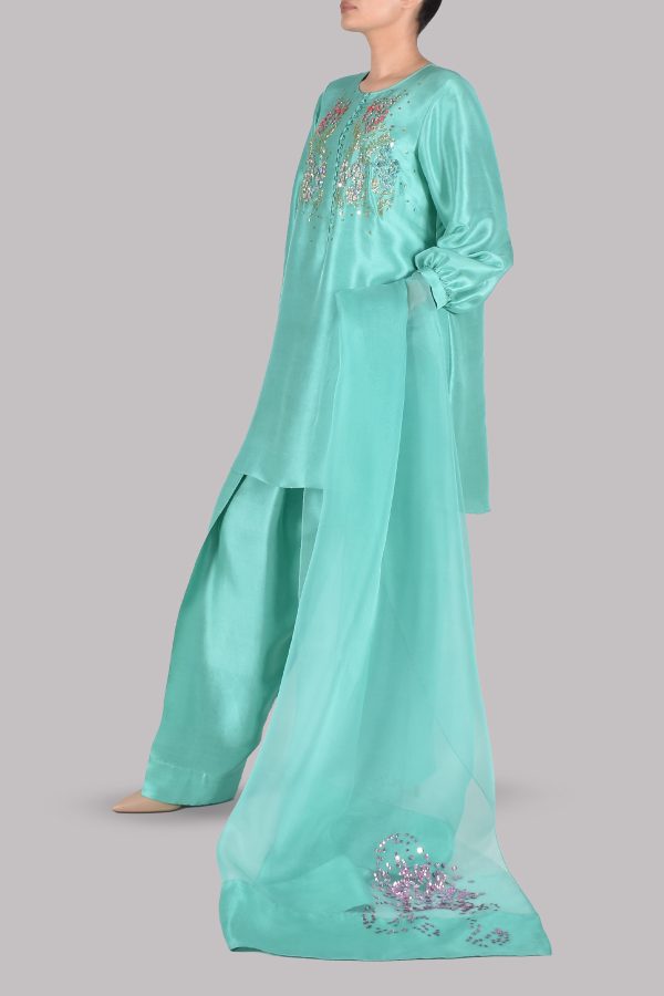 Mint Green Turquoise Embellished Raw Silk Set - Image 2
