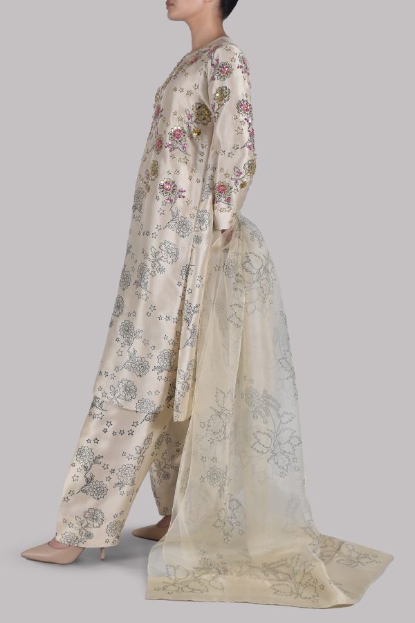 Lamb's Wool Block Printed and Embellished Raw Silk Set - Image 2