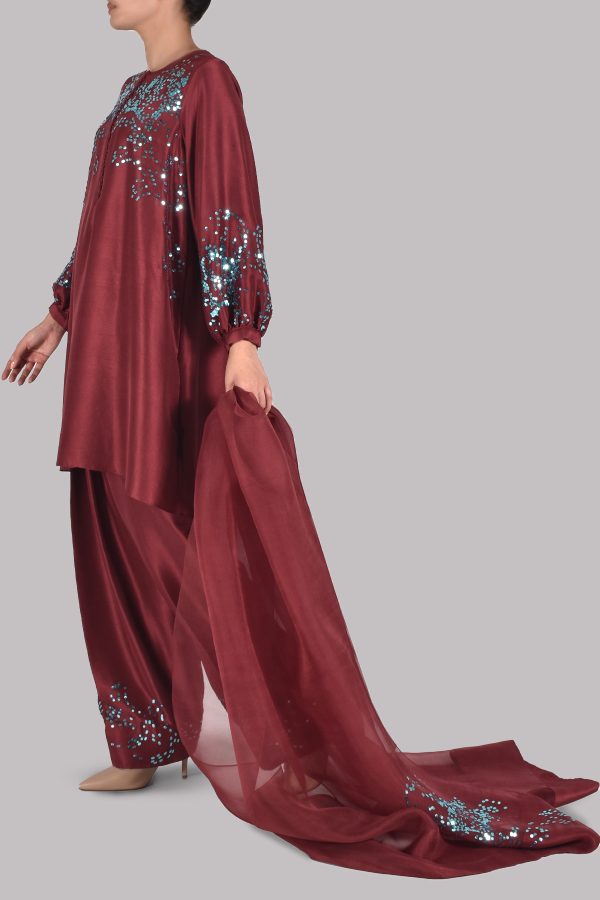 Syrah Maroon Embellished Raw Silk Set - Image 2