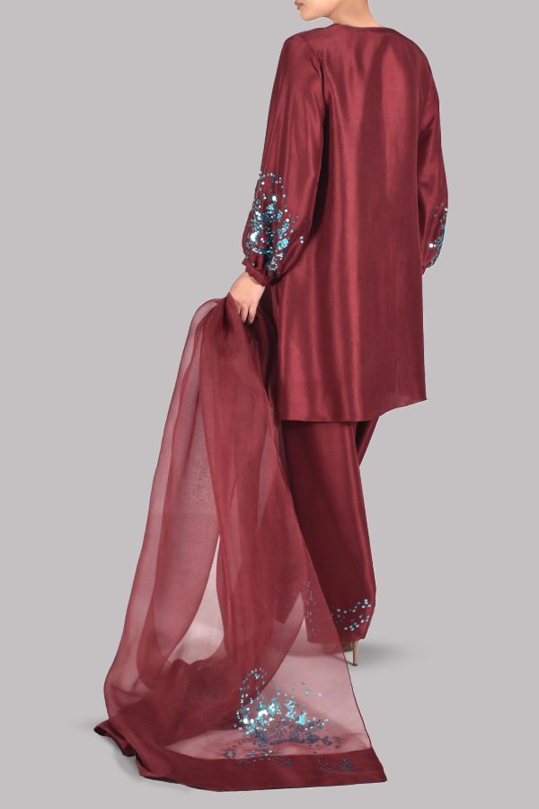 Syrah Maroon Embellished Raw Silk Set - Image 3