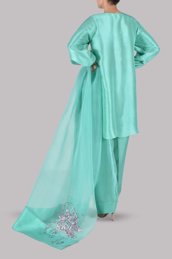 Mint Green Turquoise Embellished Raw Silk Set - Image 3