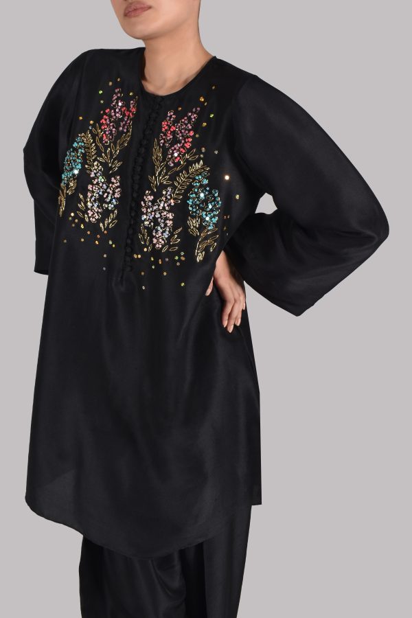 Black Embellished Raw Silk Set - Image 4
