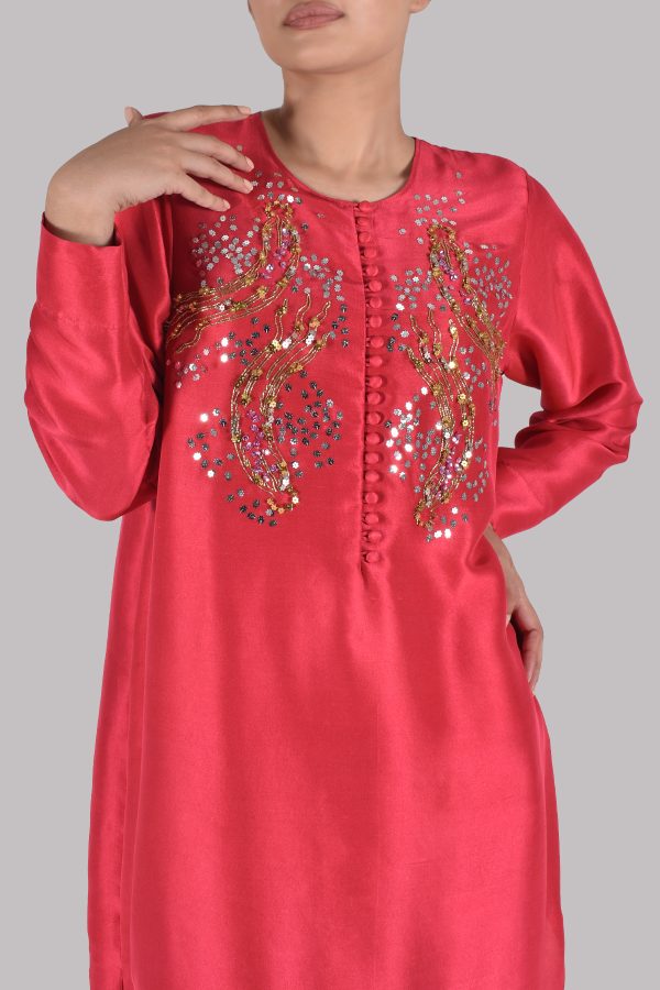Bittersweet Red Embellished Raw Silk Set - Image 4