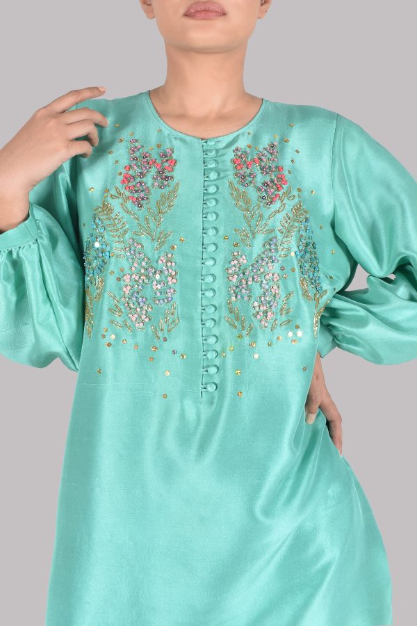 Mint Green Turquoise Embellished Raw Silk Set - Image 4