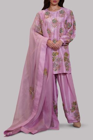 Lilac Chiffon Embellished Raw Silk Set