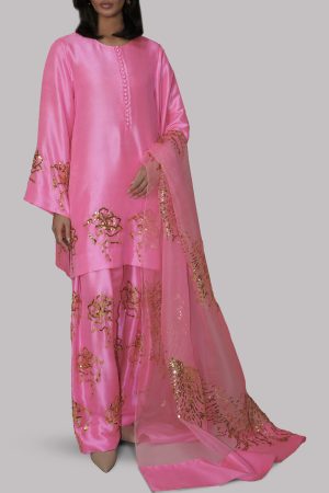 Carnation Pink Embellished Raw Silk Set