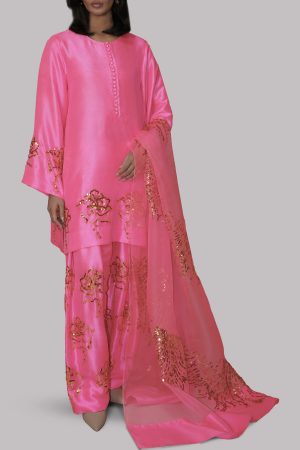 Pink Carnation Embellished Raw Silk Set