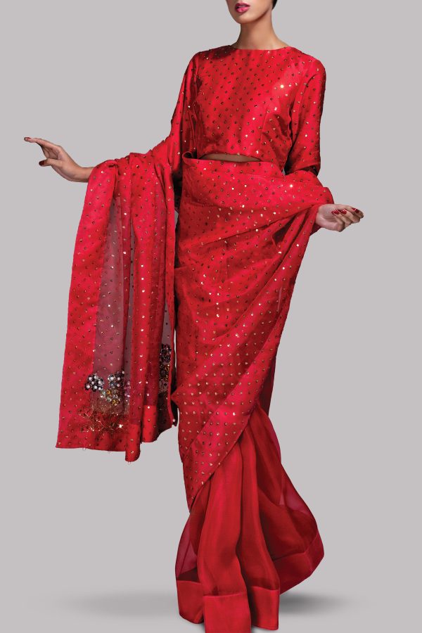 Tango Red Embellished Organza Sari - Image 2