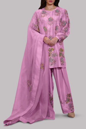 Lilac Chiffon Embellished Raw Silk Set