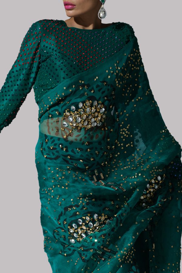 Galapagos Green Embellished Sari - Image 3