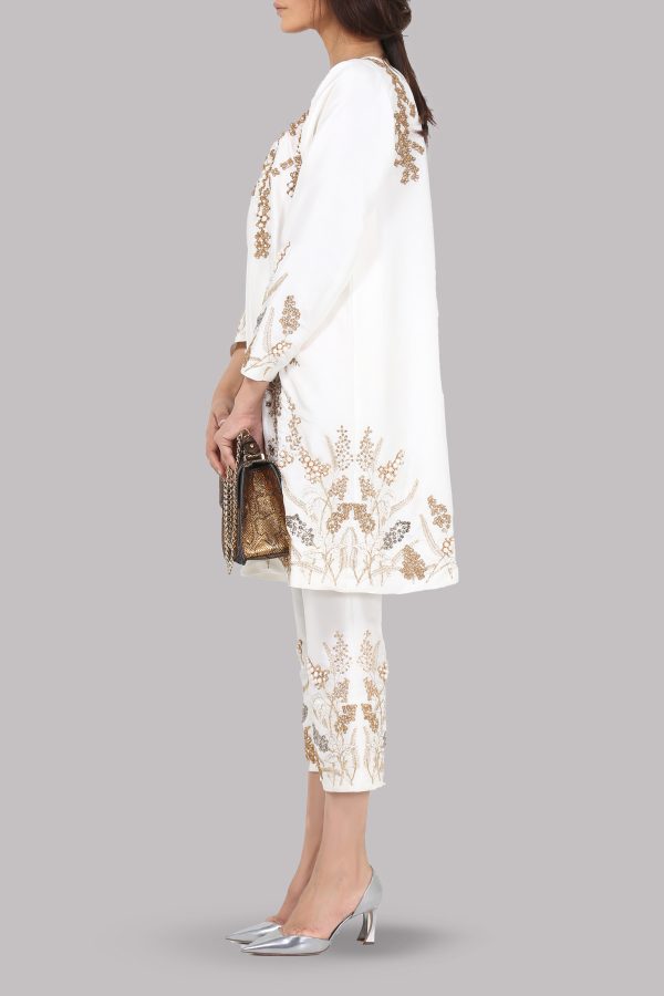 White Embellished Raw Silk Tunic Set - Image 2