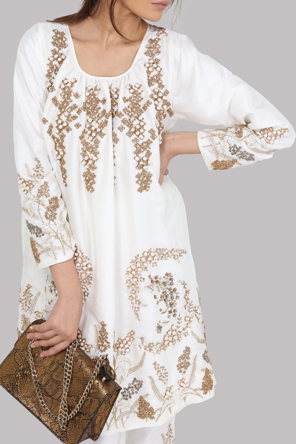 White Embellished Raw Silk Tunic Set - Image 3