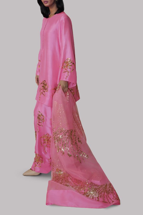 Carnation Pink Embellished Raw Silk Set - Image 2