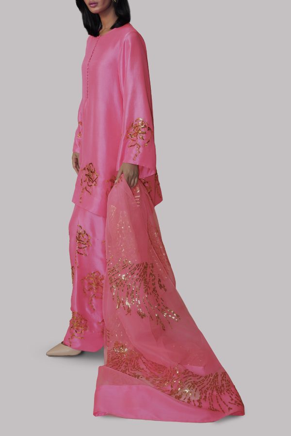 Pink Carnation Embellished Raw Silk Set - Image 2