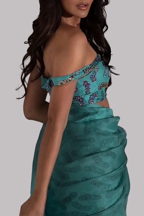Scuba Blue Embellished Organza Sari - Image 2