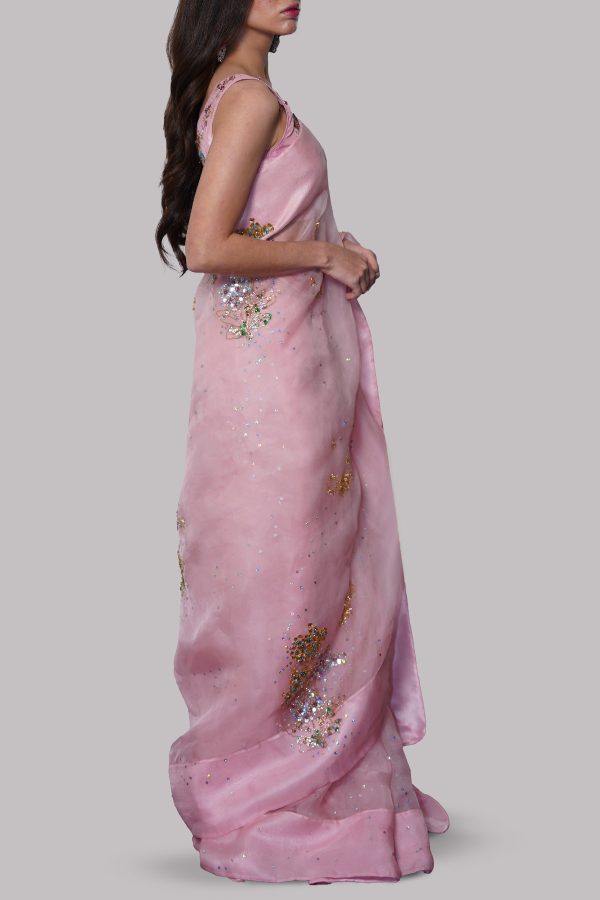 Sea Pink Embellished Organza Sari - Image 2