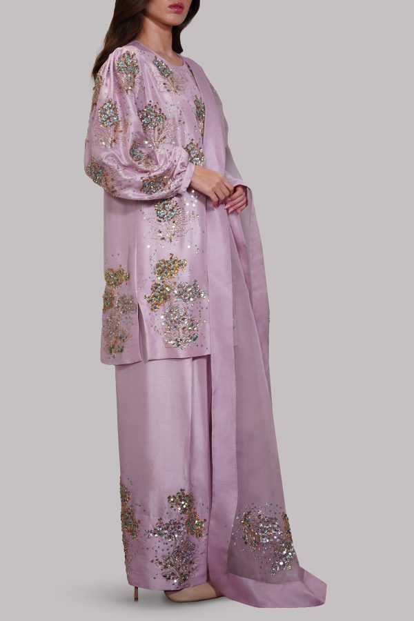 Lilac Chiffon Embellished Raw Silk Set - Image 2