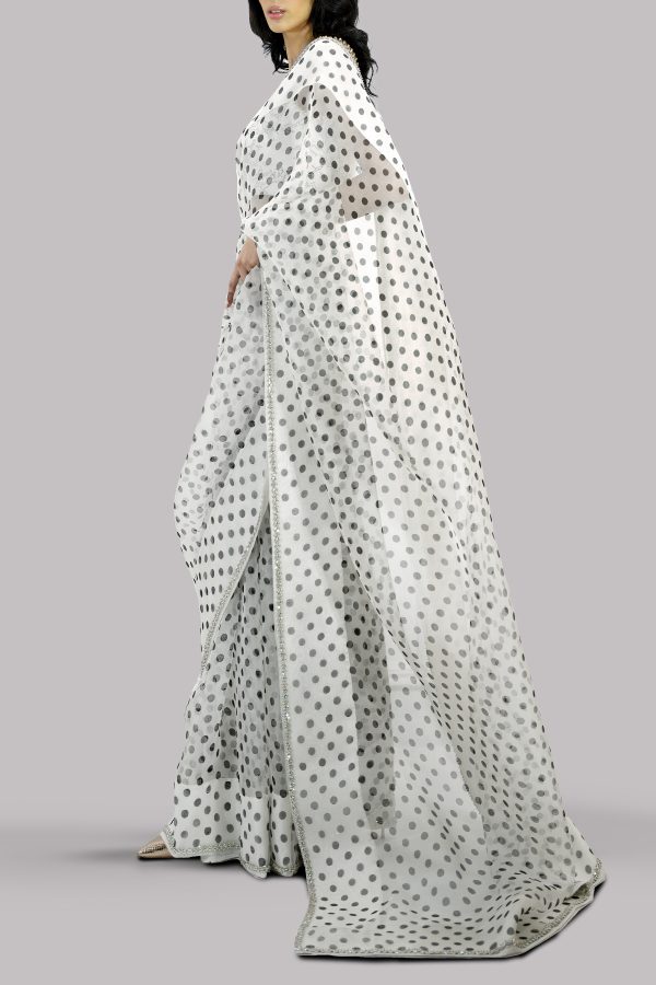Egret Block Printed and Embellished Organza Sari - Image 2