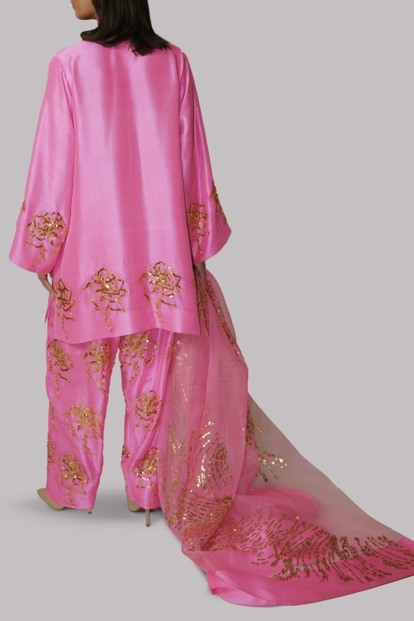 Carnation Pink Embellished Raw Silk Set - Image 3