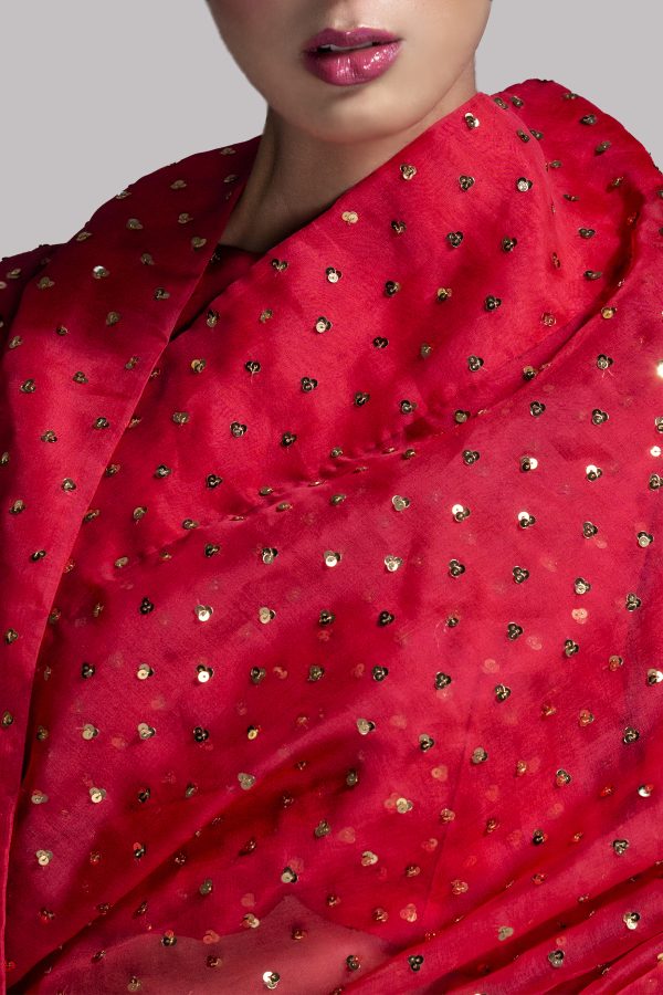 Tango Red Embellished Organza Sari - Image 3